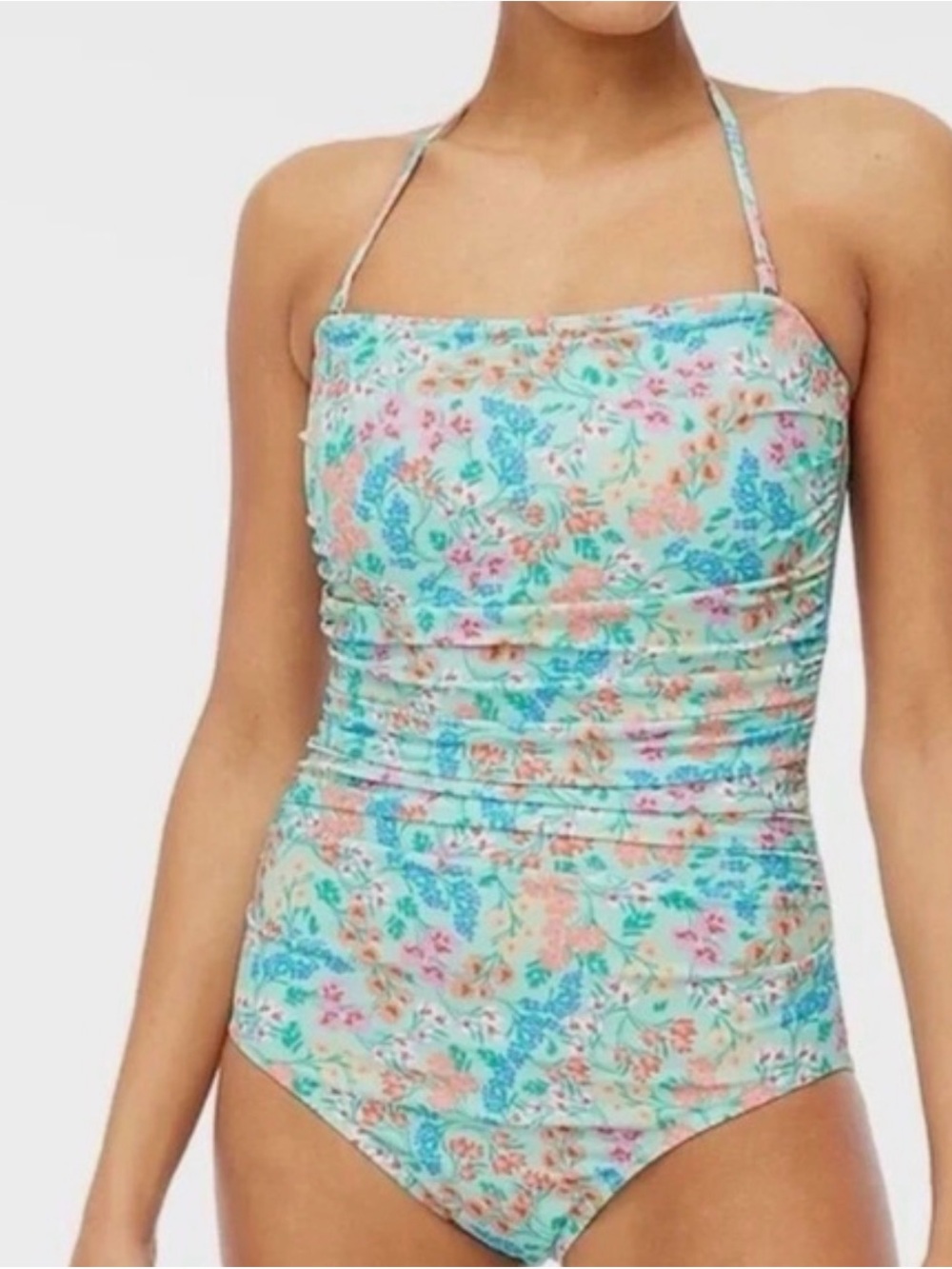 J. Crew Floral Bandeau One-Piece Swimsuit in Mint, Coral and Aqua